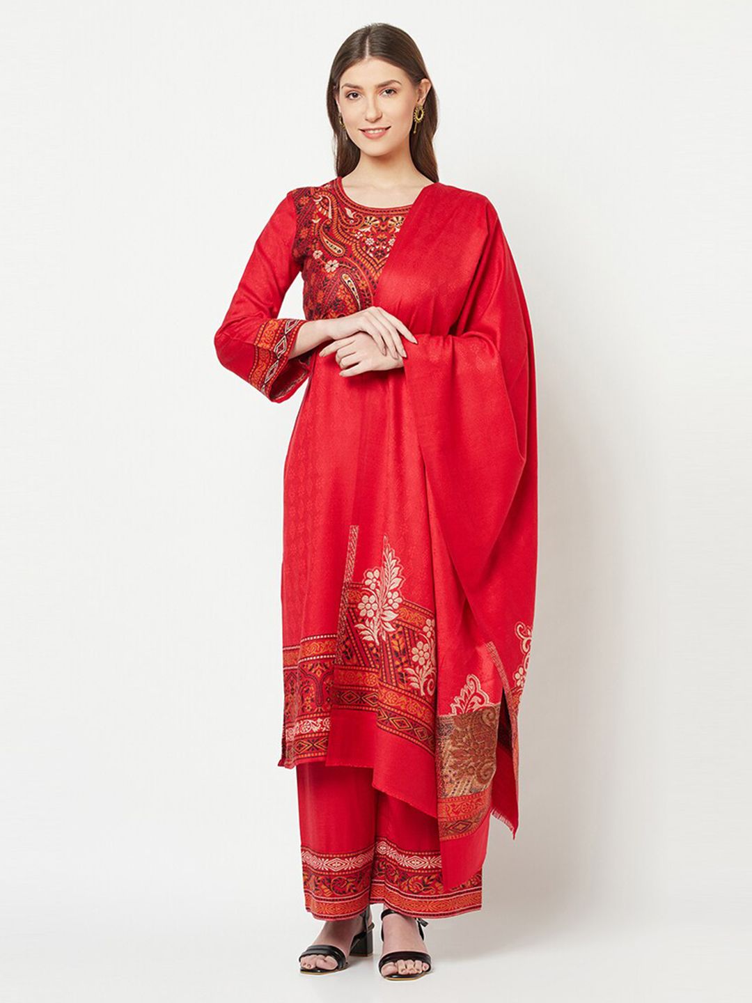 Safaa Red & White Viscose Rayon Unstitched Dress Material Price in India