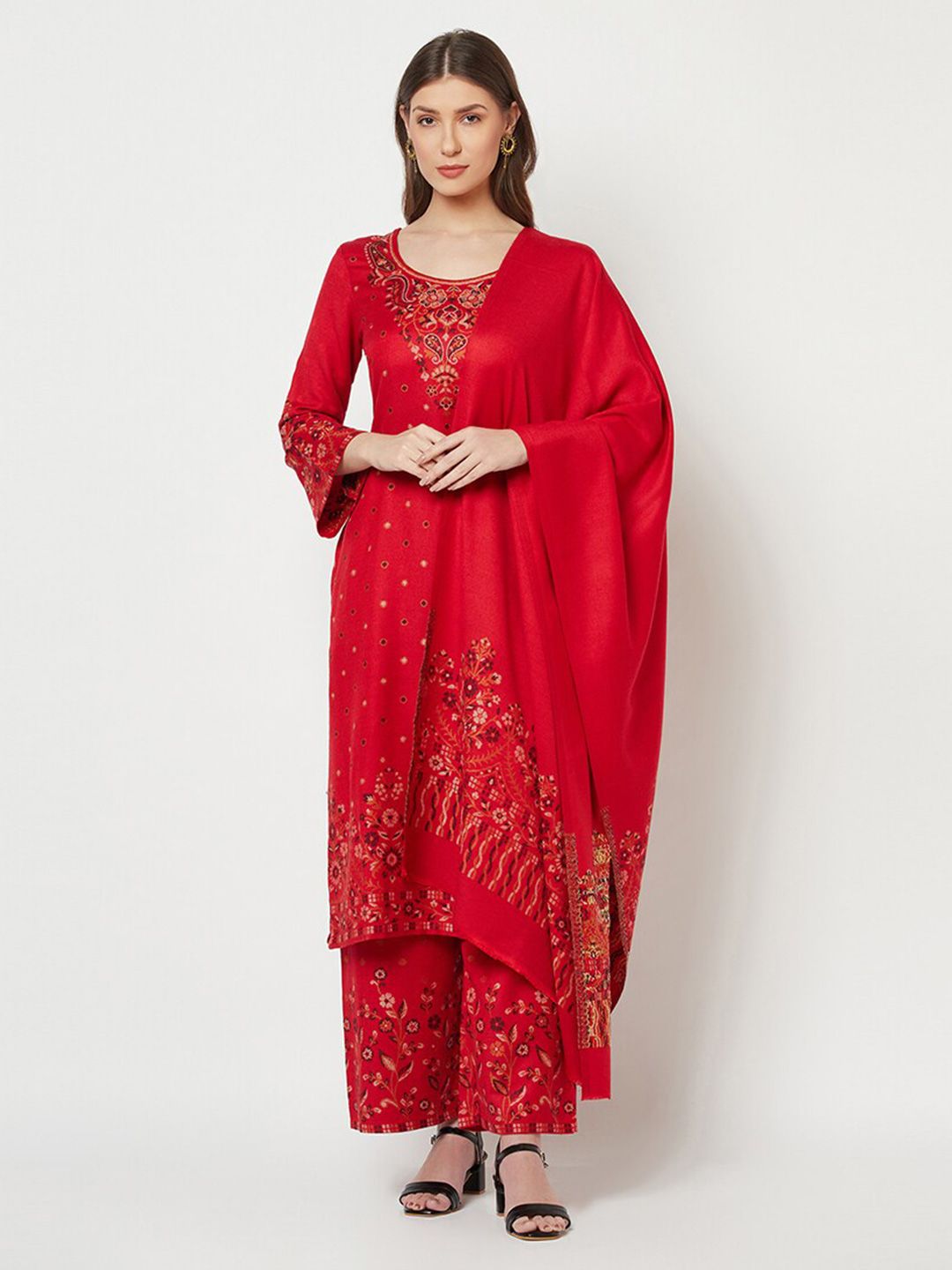 Safaa Red & Yellow Winter Unstitched Dress Material Price in India