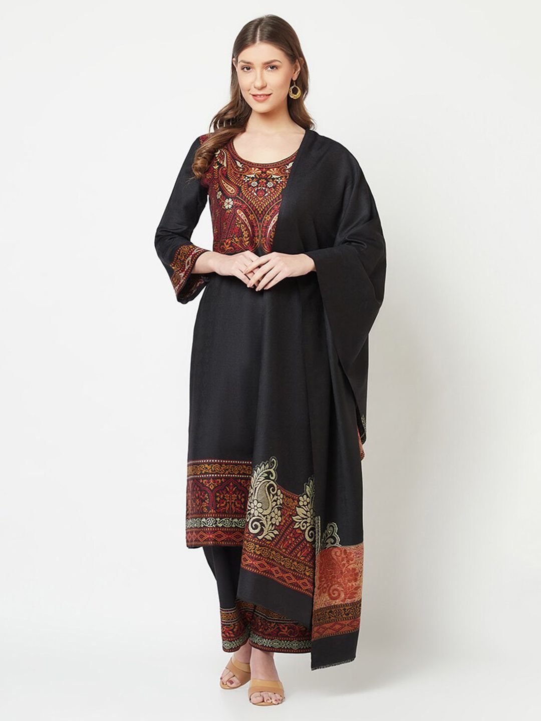 Safaa Black & Orange Viscose Rayon Unstitched Dress Material Price in India