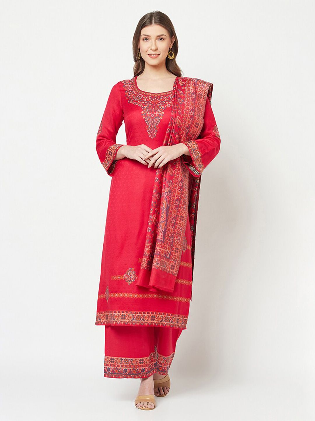 Safaa Red & Cream-Coloured Winter Unstitched Dress Material