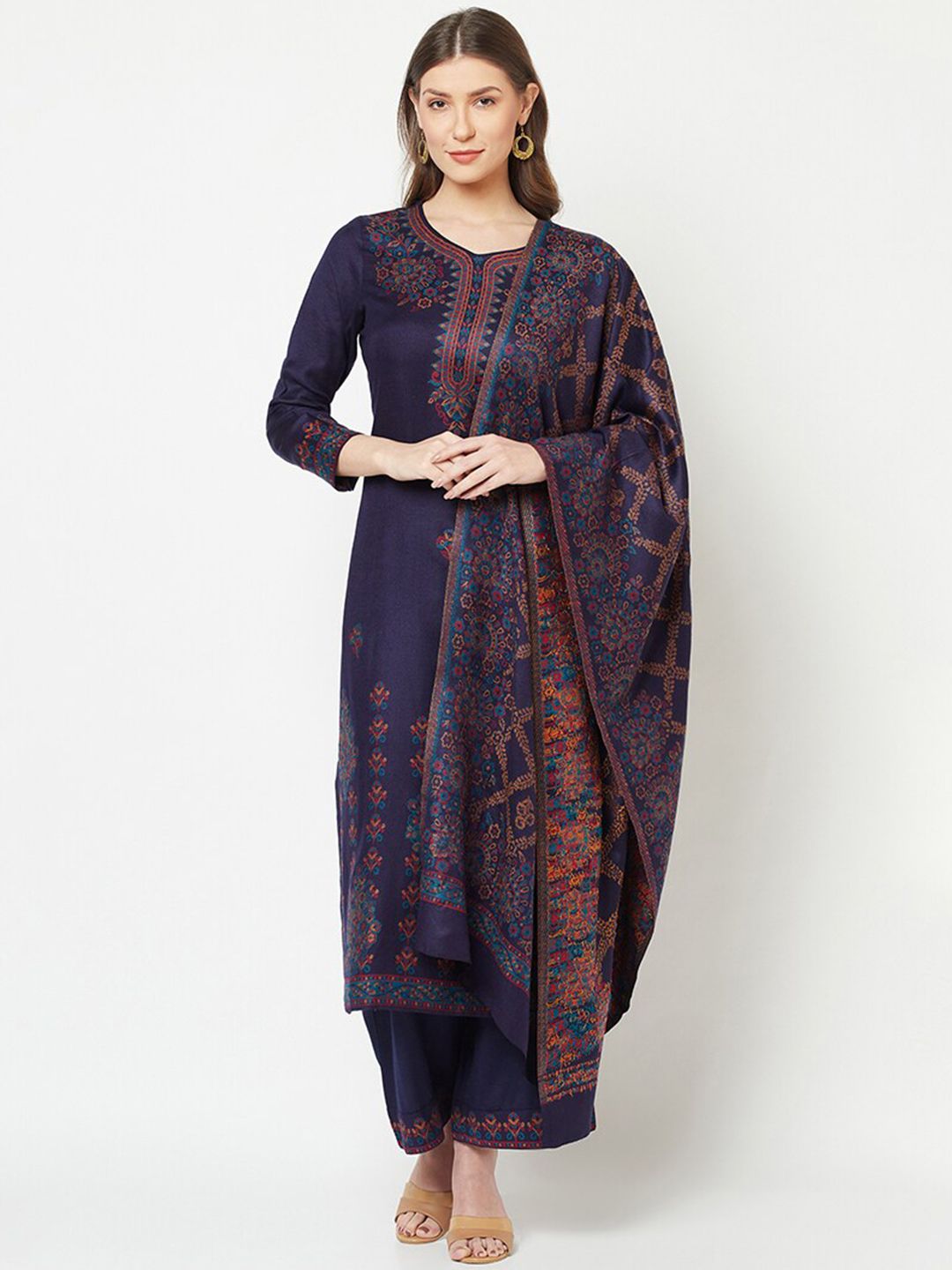 Safaa Navy Blue & Red Viscose Rayon Unstitched Dress Material