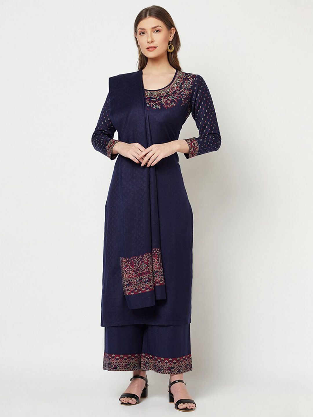 Safaa Navy Blue & Red Winter Unstitched Dress Material Price in India