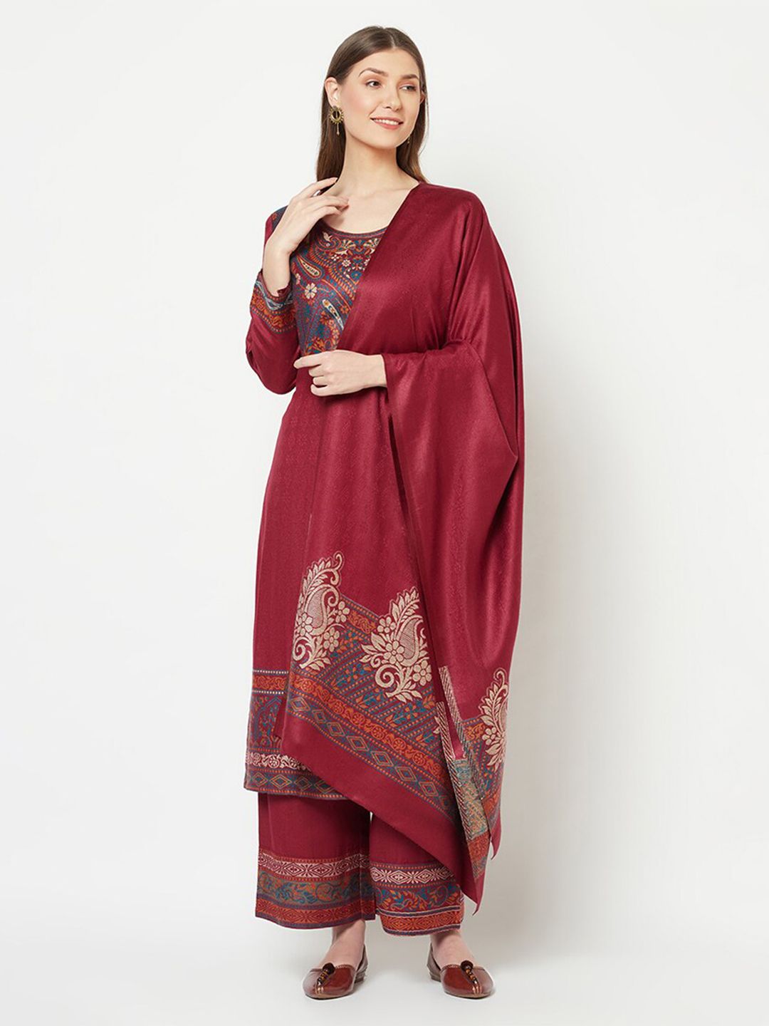 Safaa Maroon & Blue Winter Unstitched Dress Material Price in India