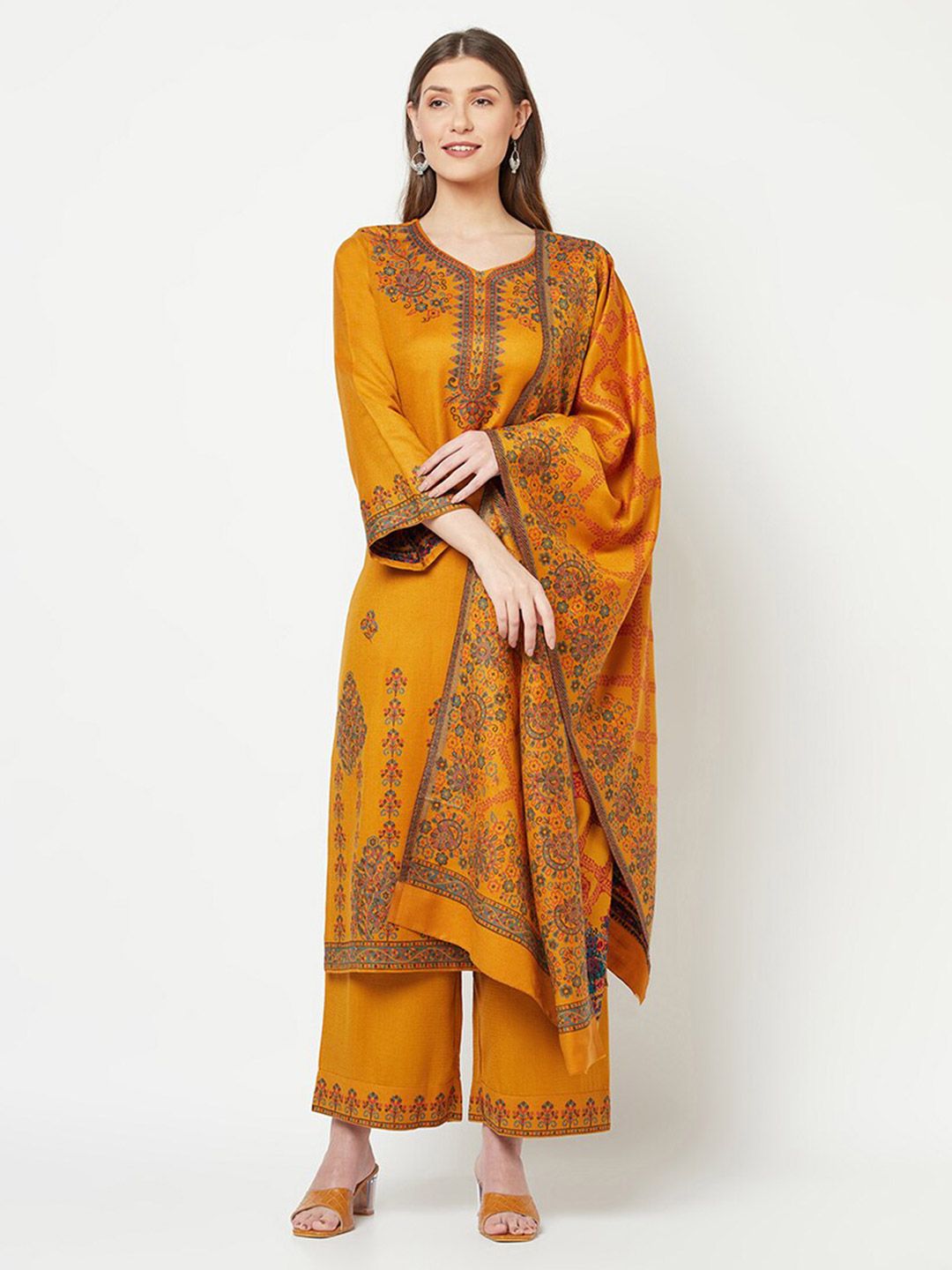 Safaa Mustard Yellow & Red Viscose Rayon Unstitched Dress Material Price in India