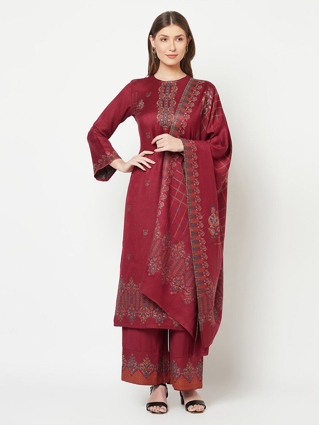 Safaa Women Maroon Woven Design Wool Unstitched Dress Material Price in India