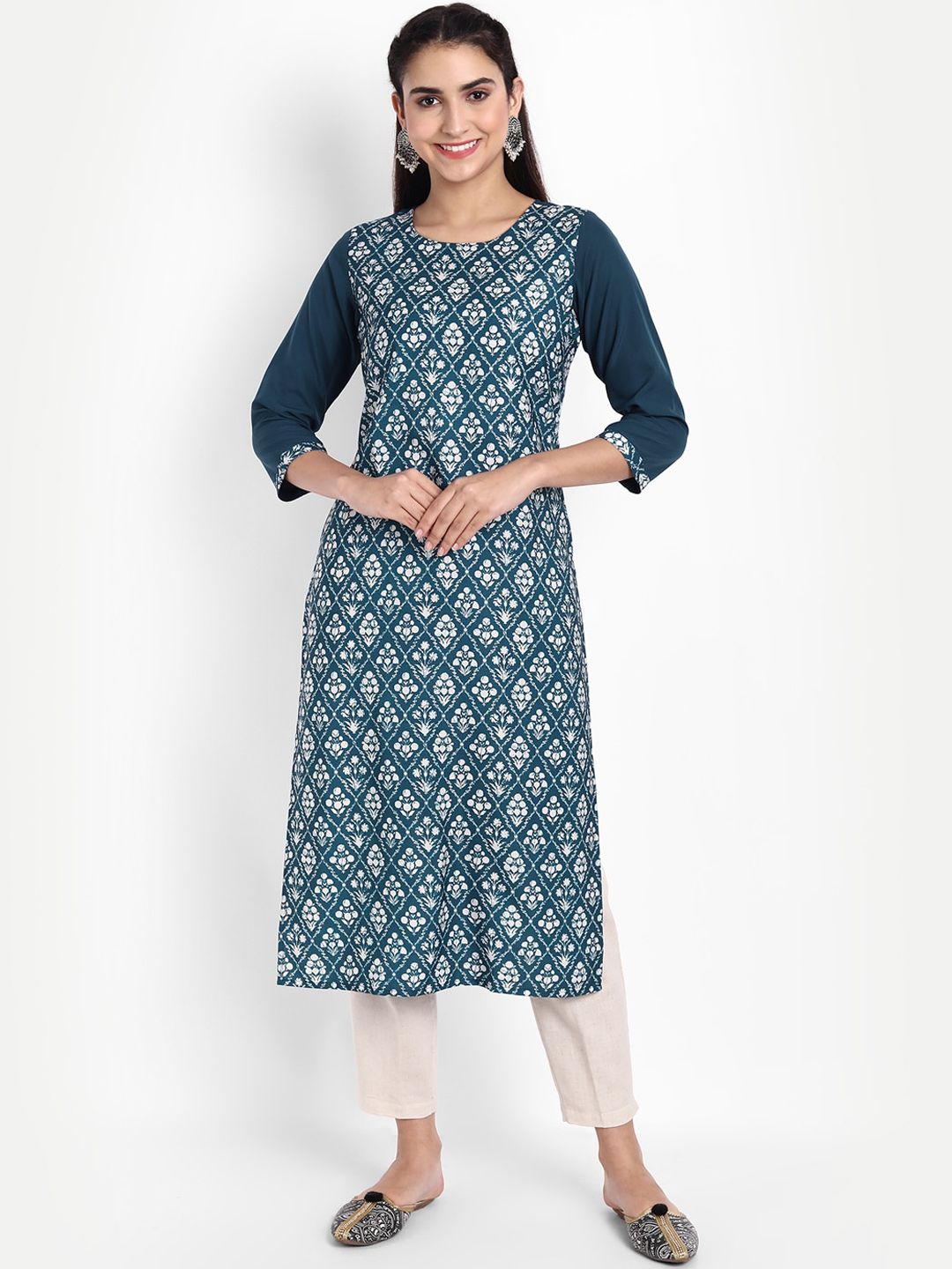 KALINI Women Blue & White Ethnic Motifs Printed Crepe Kurta Price in India