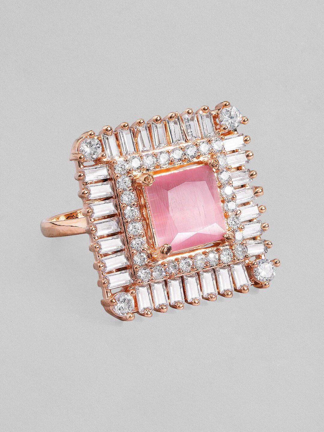 Rubans Rose Gold-Plated White & Pink CZ-Studded Adjustable Finger Ring Price in India