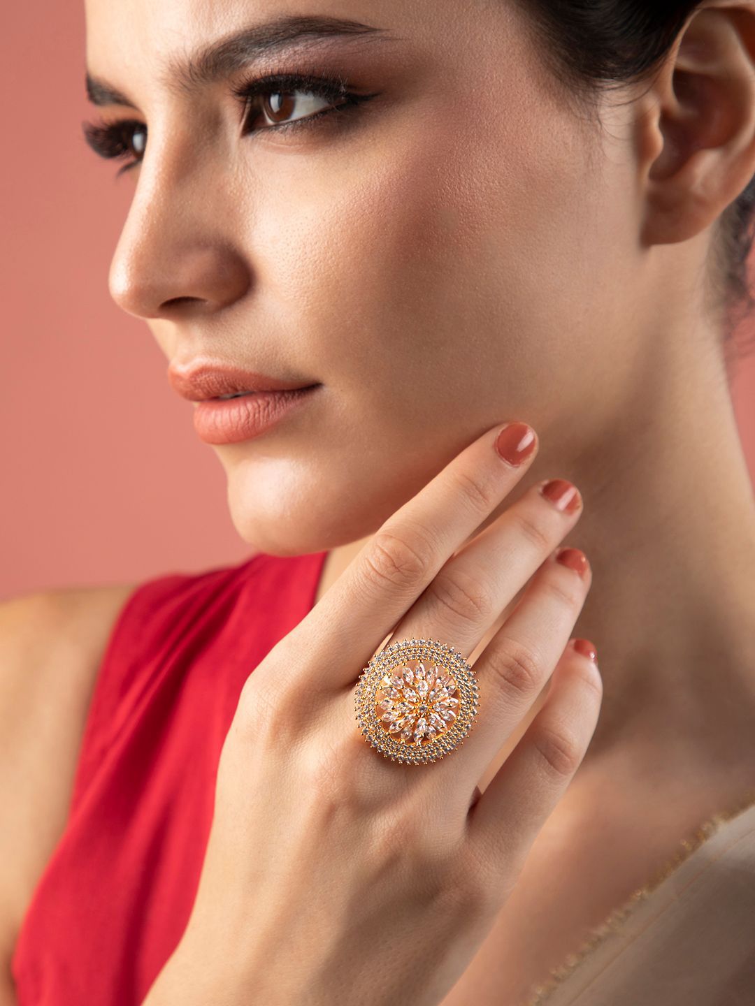 Rubans Rose Gold-Plated White CZ-Studded Adjustable Finger Ring Price in India