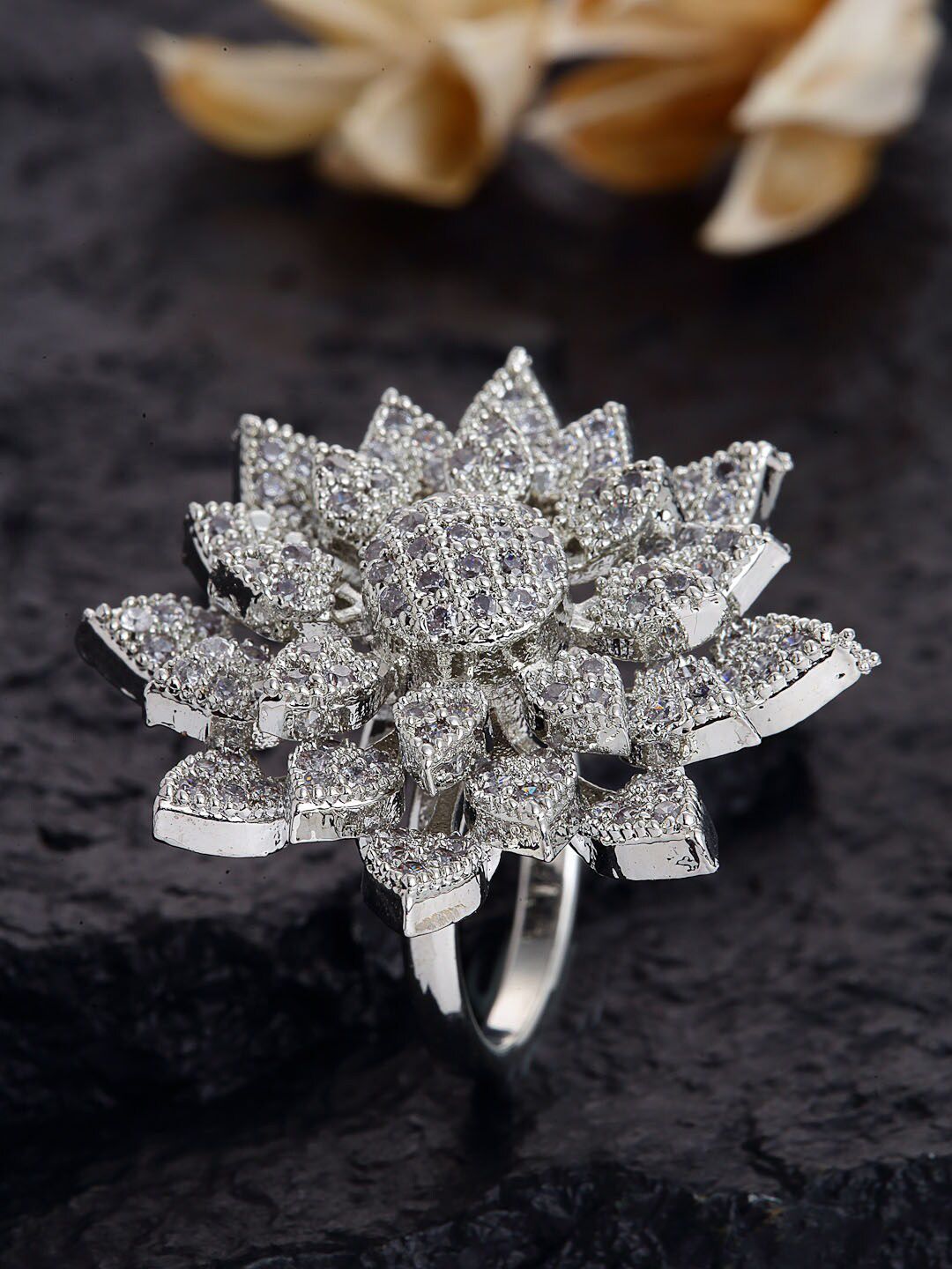 PANASH Silver-Plated White CZ-Studded Adjustable Finger Ring Price in India