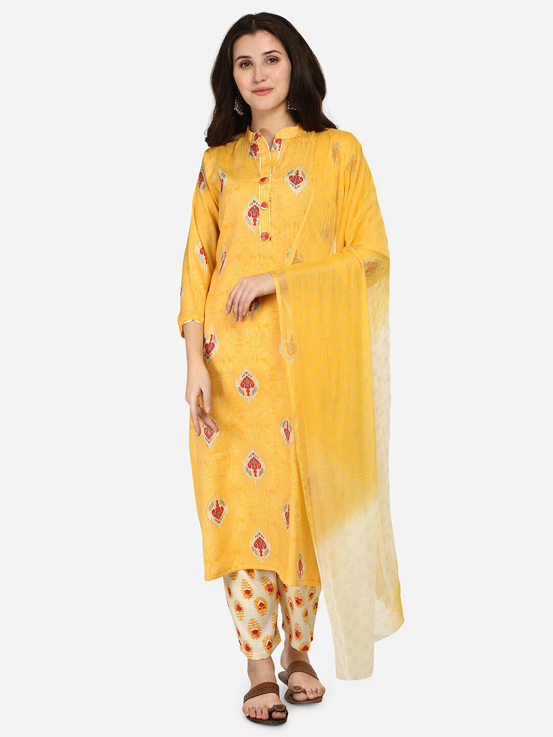 LEWAWAA Yellow & Red Printed Pure Cotton Unstitched Dress Material Price in India