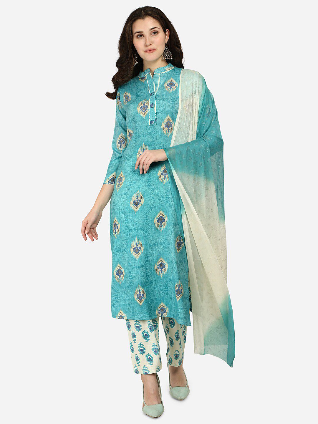 LEWAWAA Sea Green & Beige Printed Pure Cotton Unstitched Dress Material Price in India