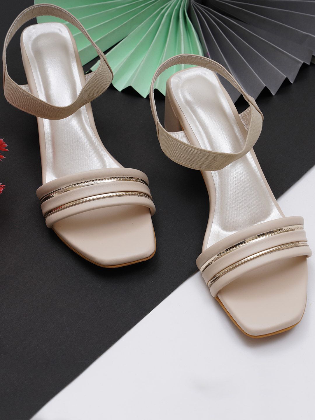 Misto Cream-Coloured Embellished Block Heel Sandals Price in India