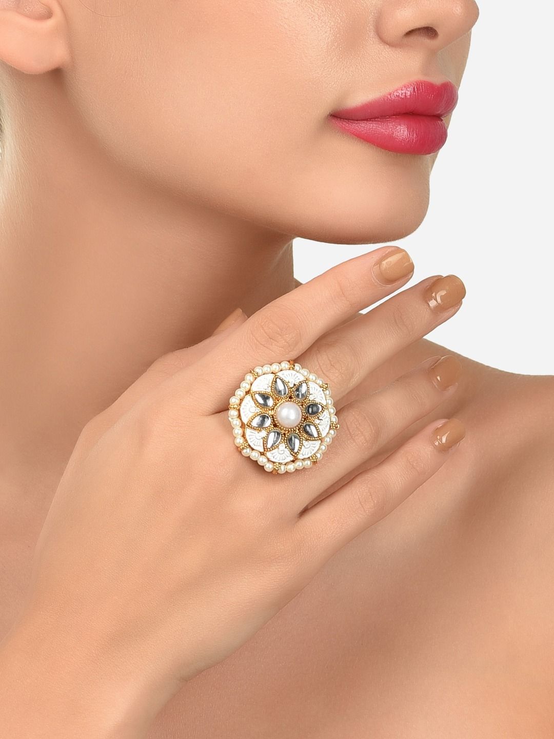 Zaveri Pearls Gold-Plated White Kundan-Studded & Beaded Meenakari Finger Ring Price in India