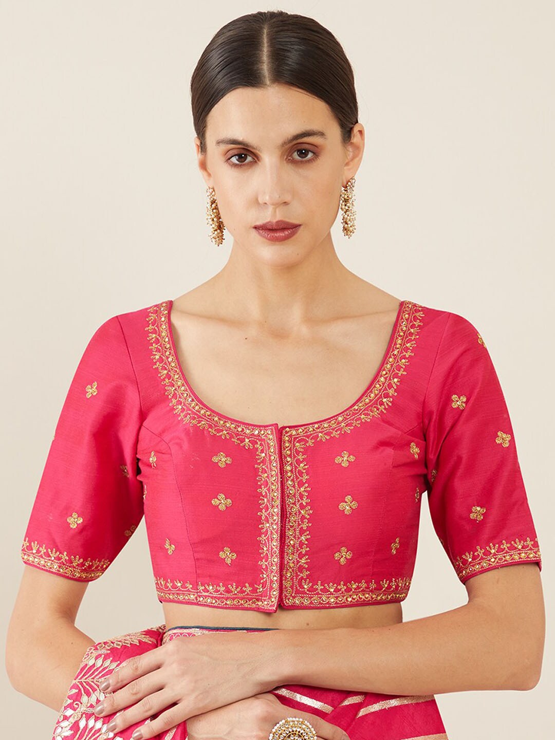 Soch Women Pink & Gold Embroidered Saree Blouse Price in India