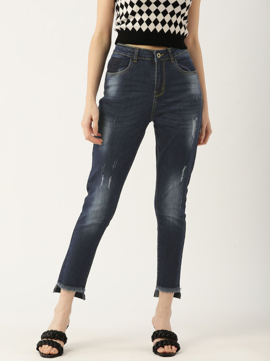 Monte Carlo Women Navy Blue Slim Fit High-Rise Low Distress Light Fade Stretchable Jeans Price in India
