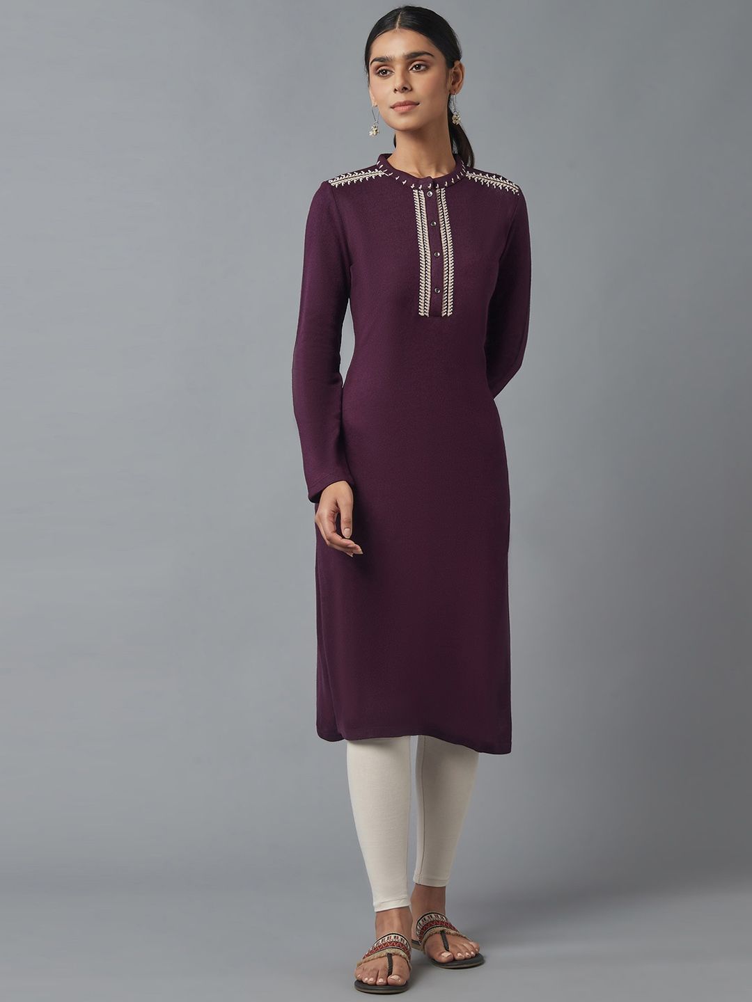 W Women Purple & White Embroidered Thread Work Kurta Price in India