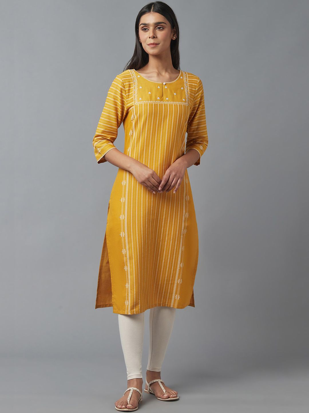 W Women Yellow & White Striped Keyhole Neck Kurta Price in India