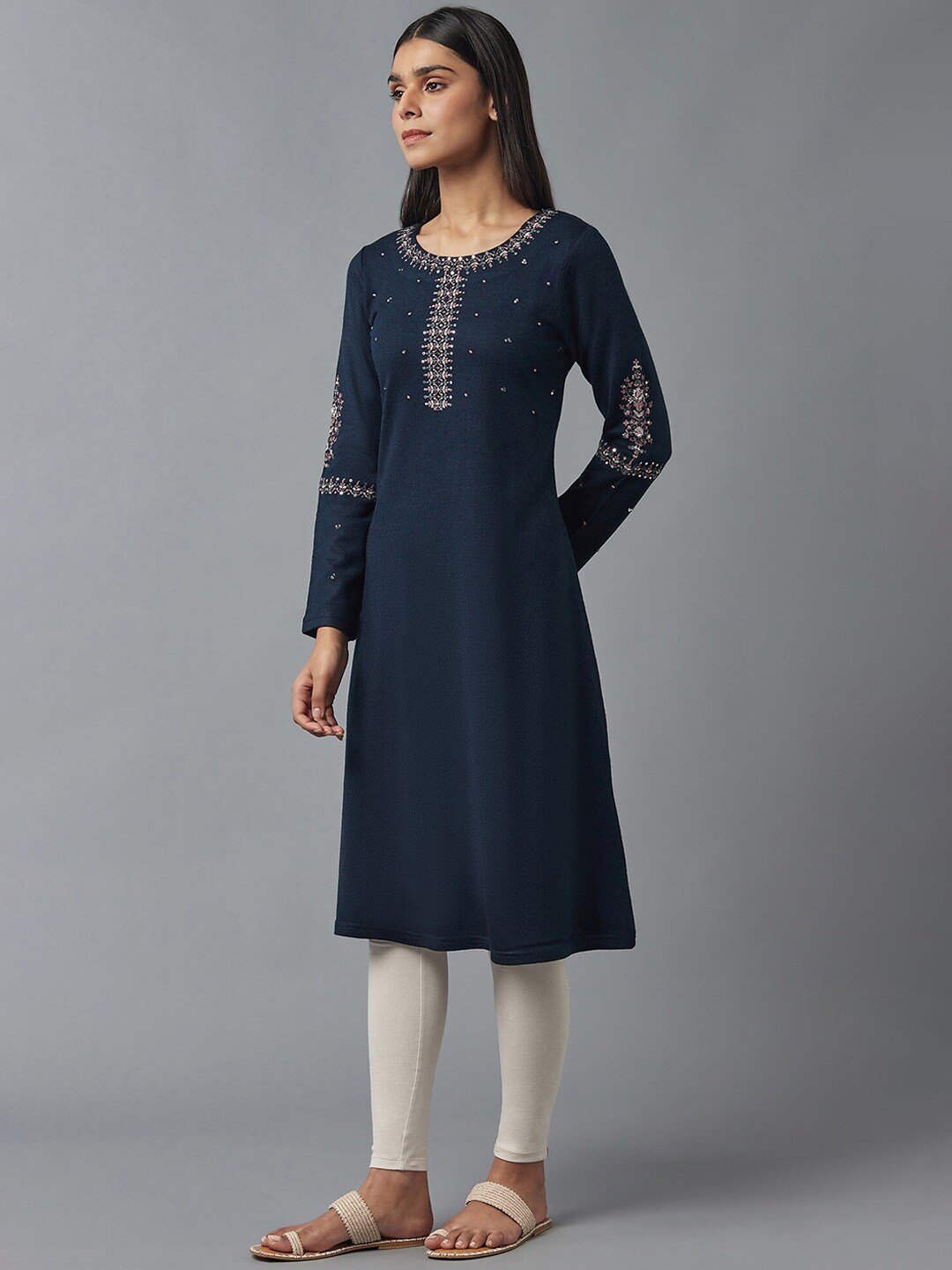 W Women Blue Embroidered Thread Work Kurta Price in India