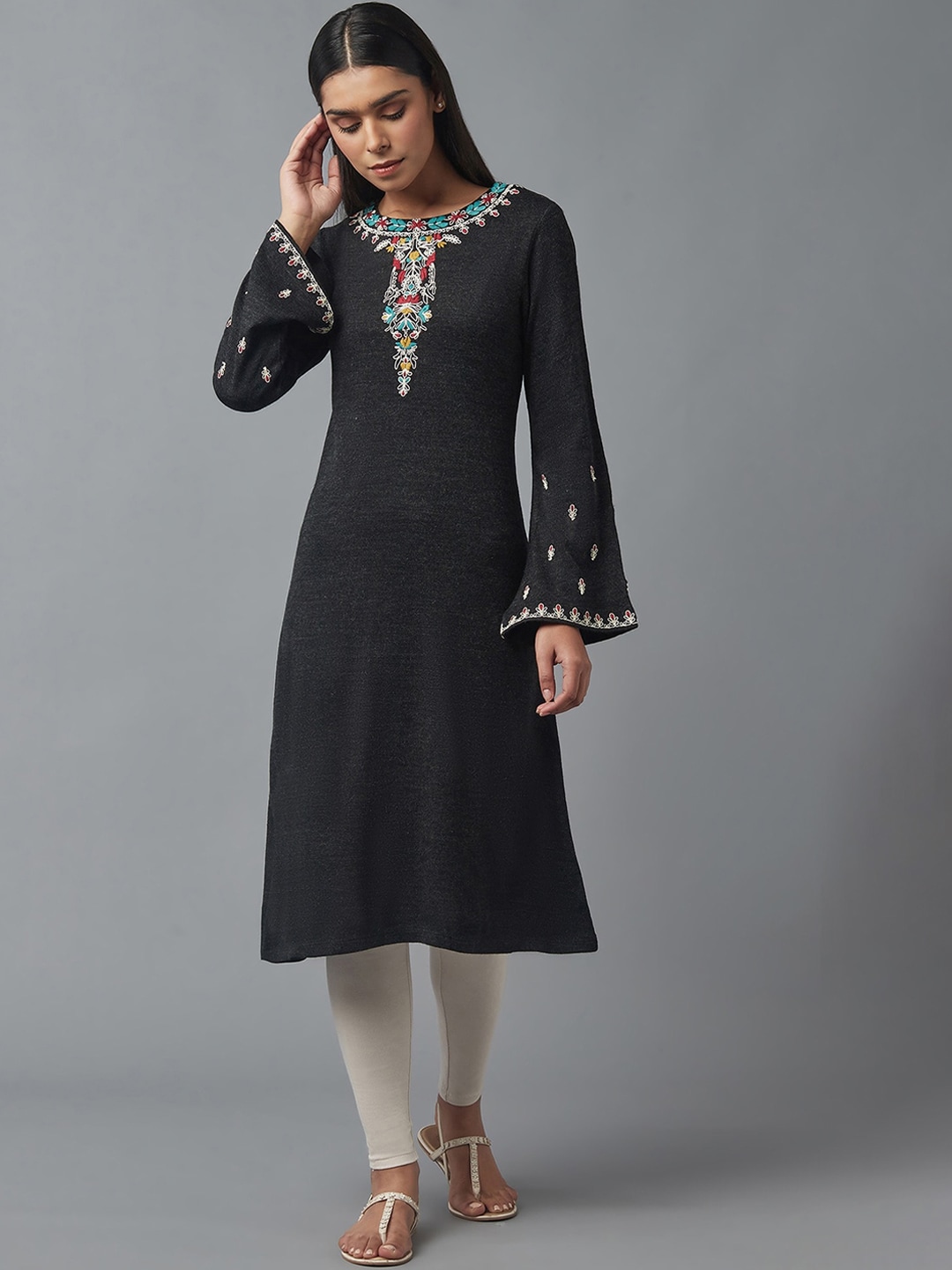 W Women Grey Embroidered Flared Sleeves Thread Work Kurta Price in India
