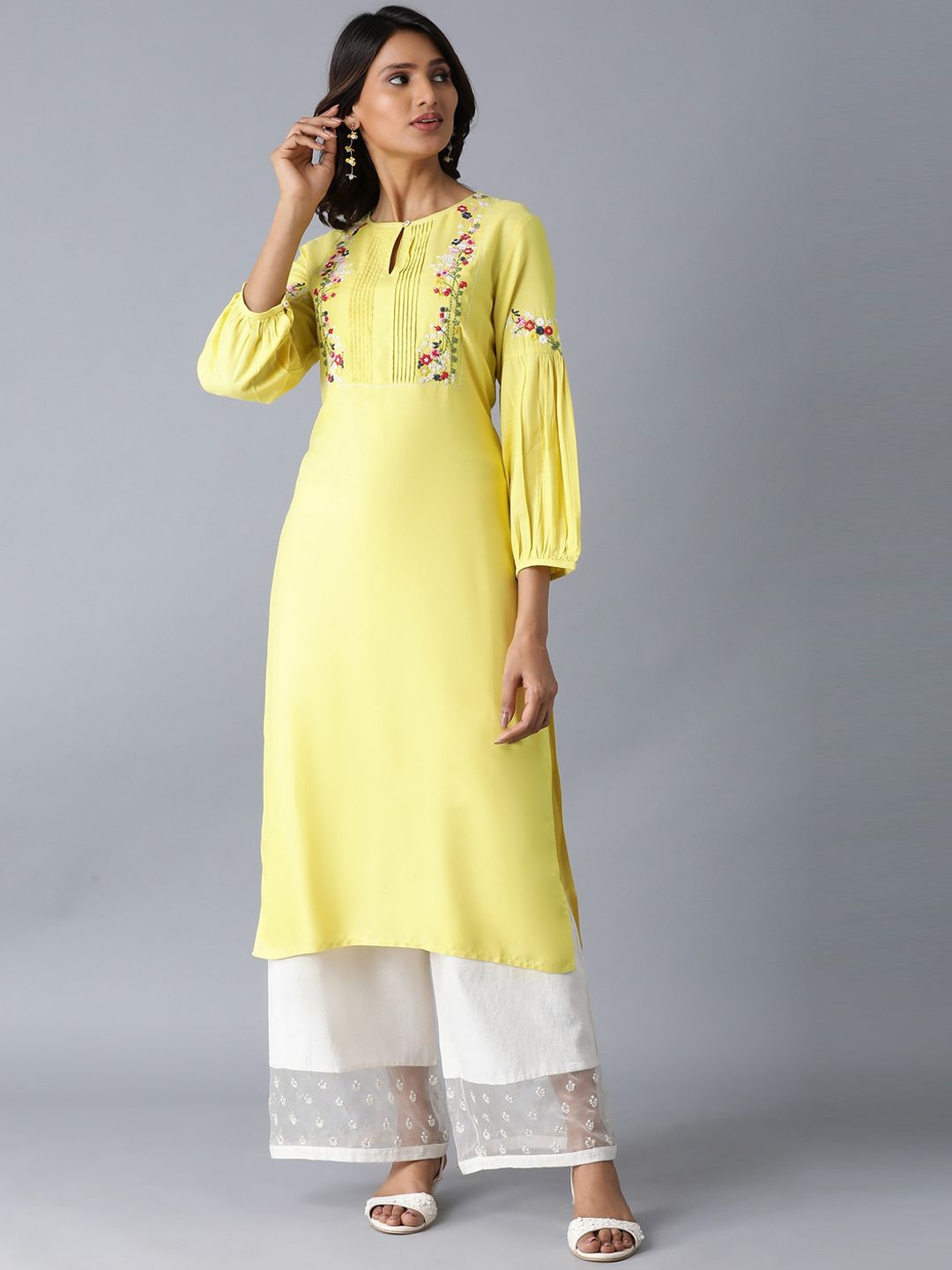 W Women Yellow Floral Embroidered Keyhole Neck Thread Work Kurta Price in India
