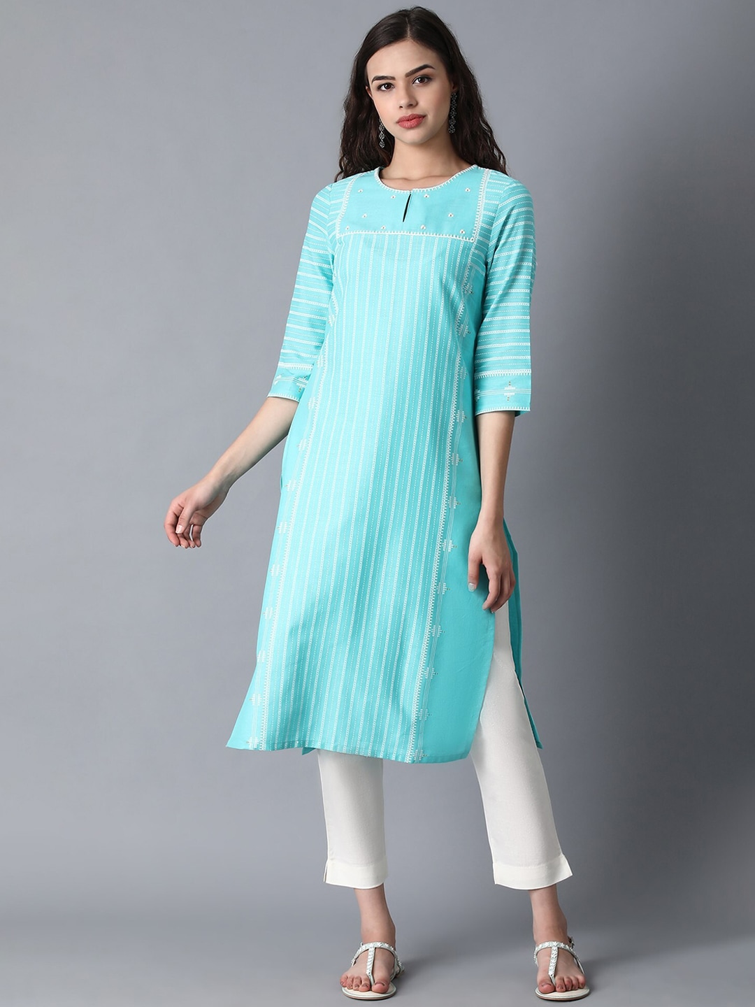 W Women Green & White Striped Thread Work Kurta Price in India