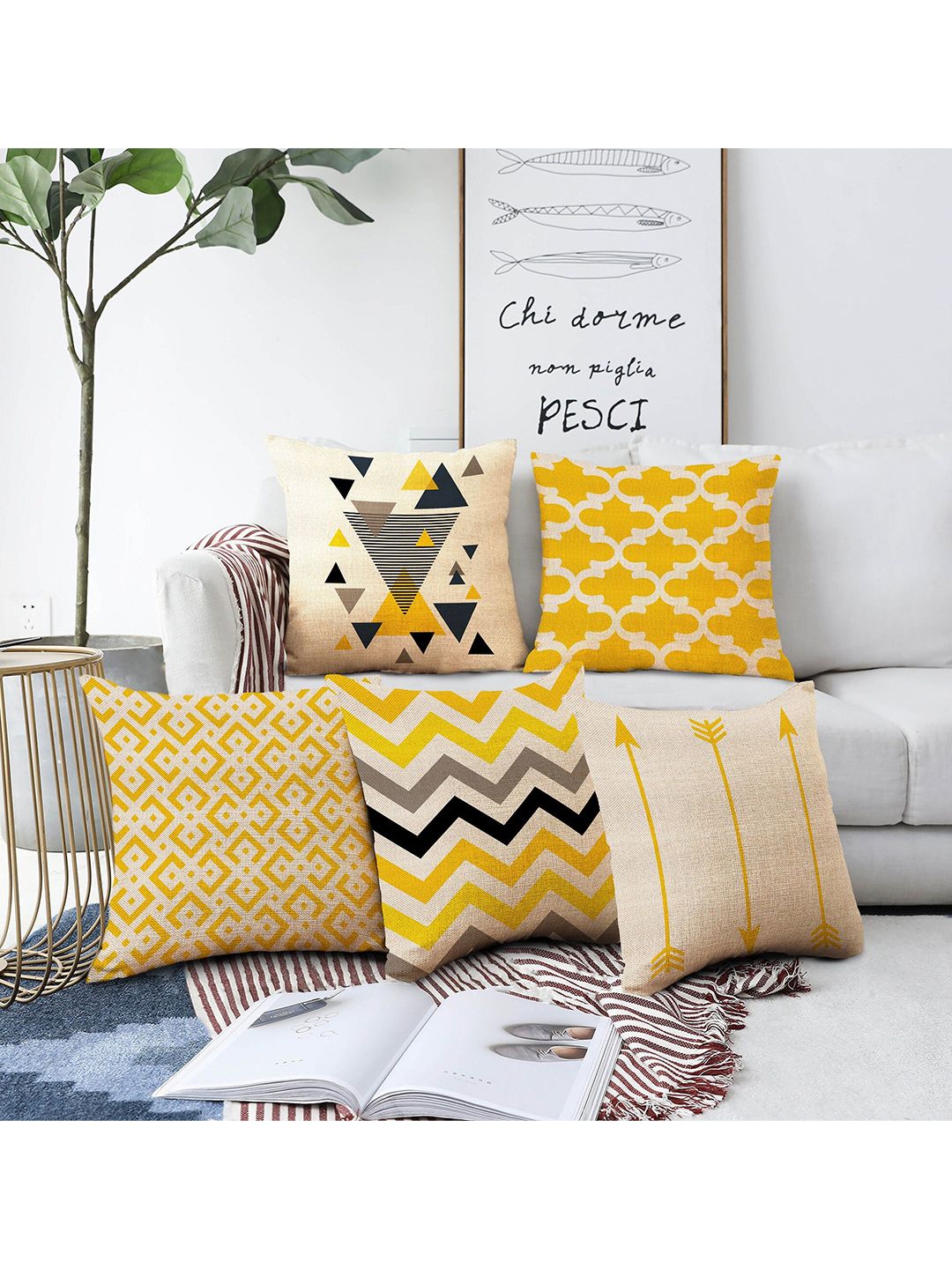 AEROHAVEN Beige & Yellow Set Of 5 Geometric Printed Square Cushion Covers Price in India