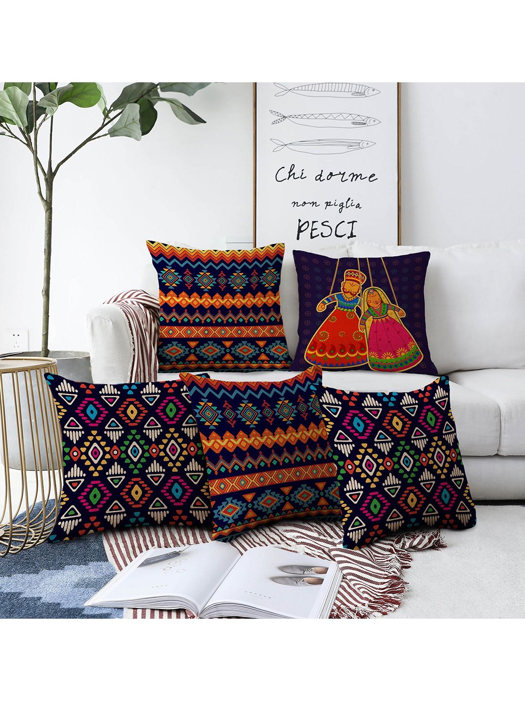 AEROHAVEN Blue & Black Set of 5 Quirky Square Cushion Covers Price in India