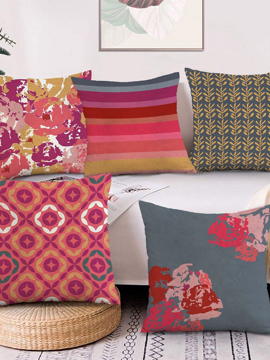 AEROHAVEN Pink & Grey Set of 5 Floral Printed Velvet Square Cushion Covers Price in India