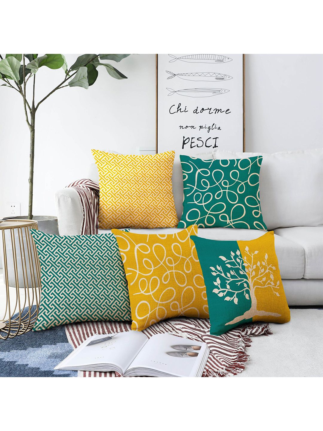 AEROHAVEN Green & Mustard Set of 5 18"X18" Abstract Square Cushion Covers Price in India