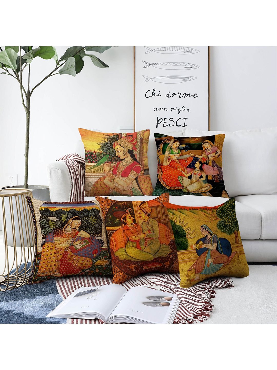 AEROHAVEN Yellow & Green Set of 5 Quirky Printed Square Cushion Covers Price in India