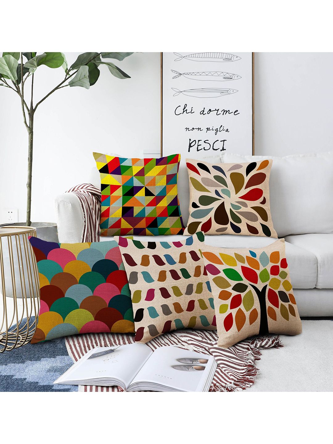 AEROHAVEN Multicoloured Set of 5 Digital Printed Quirky Square Jute Silk Cushion Covers Price in India