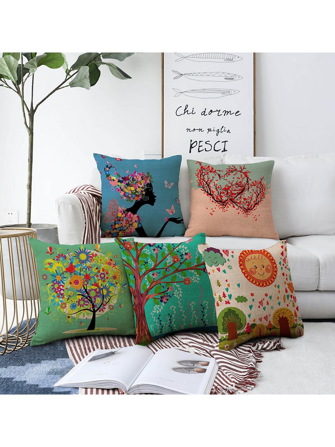 AEROHAVEN Blue & Green Set of 5 Floral Printed Square Cushion Covers Price in India