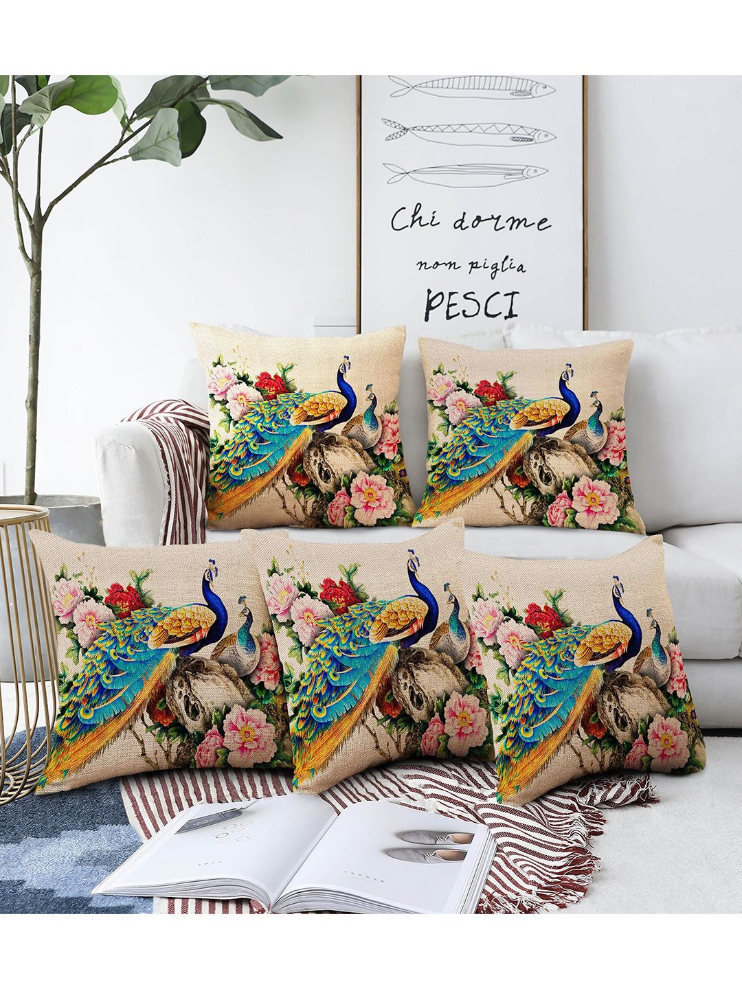 AEROHAVEN Multicoloured Set of 5 Digital Printed Peacock Floral Square Cushion Covers Price in India