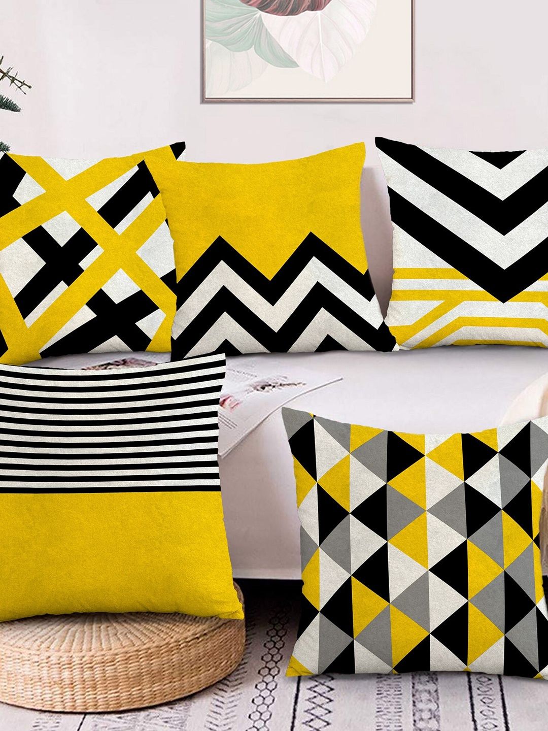 AEROHAVEN Black & Yellow Set of 5 Geometric Velvet Square Cushion Covers Price in India