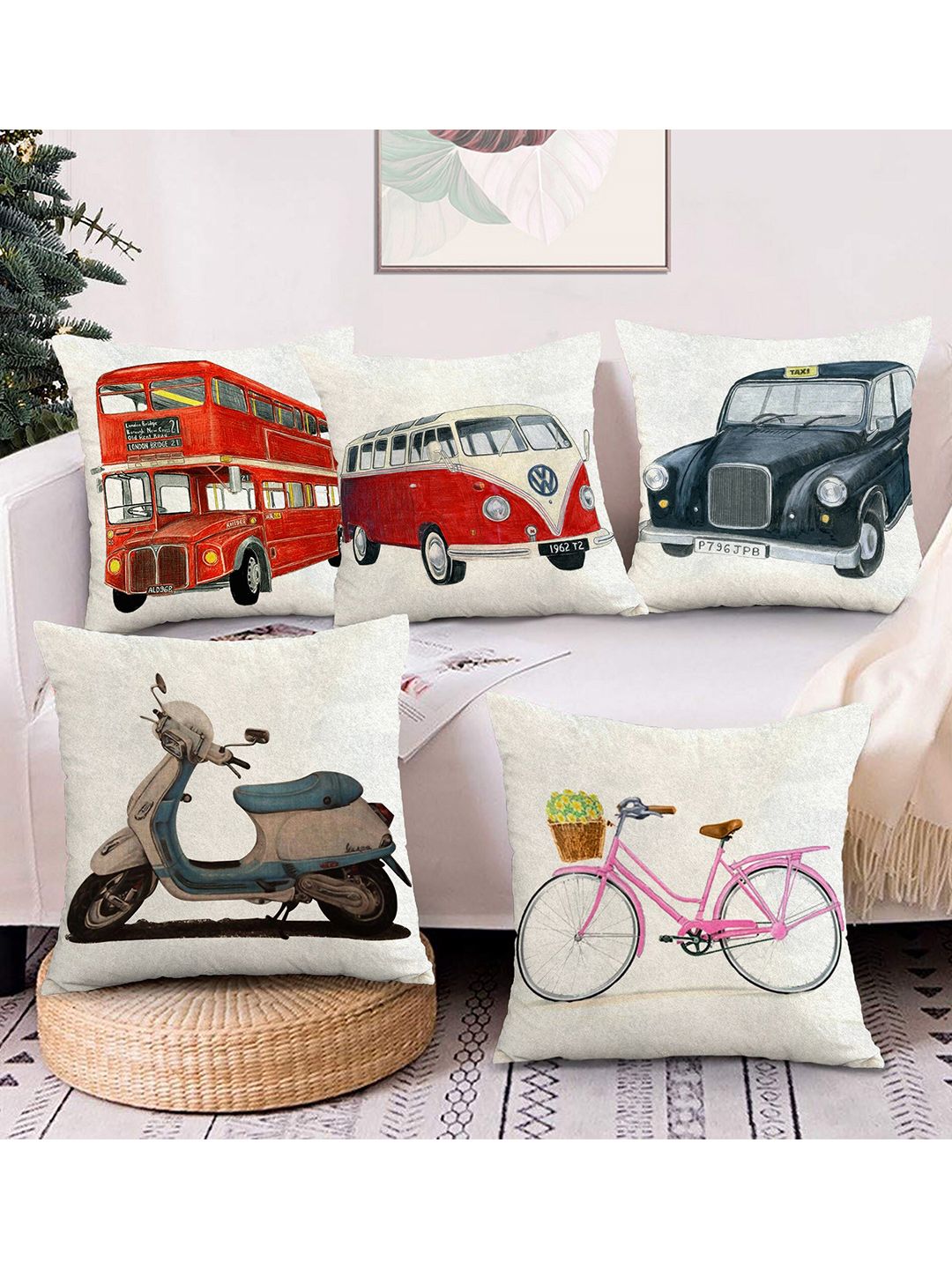 AEROHAVEN White & Brown Set of 5 16"X16" Quirky Velvet Square Cushion Covers Price in India