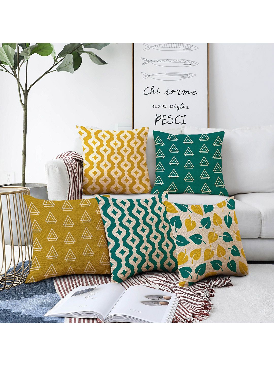 AEROHAVEN Green & Yellow Set of 5 Quirky Printed Square Cushion Covers Price in India