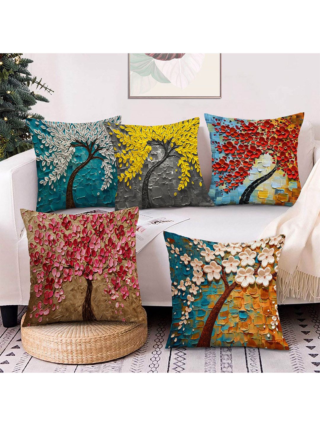 AEROHAVEN Multicoloured Set of 5 Floral Printed Velvet Square Cushion Covers Price in India