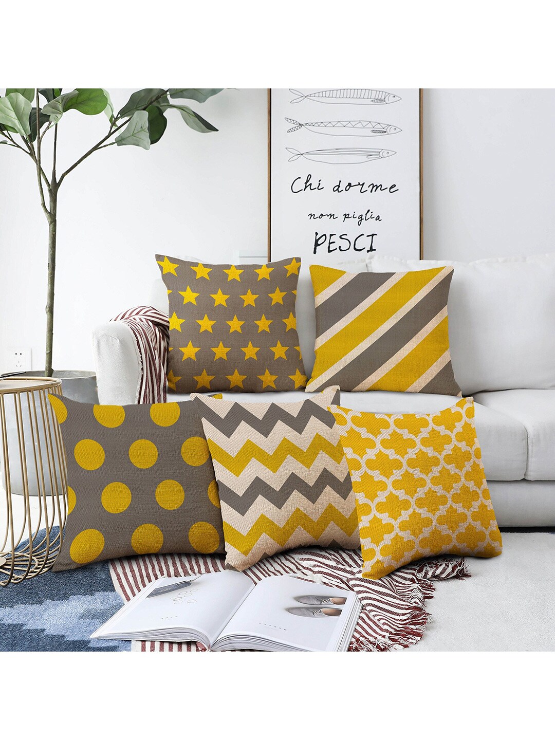 AEROHAVEN Yellow & Grey Set Of 5 Geometric Printed Square Cushion Covers Price in India