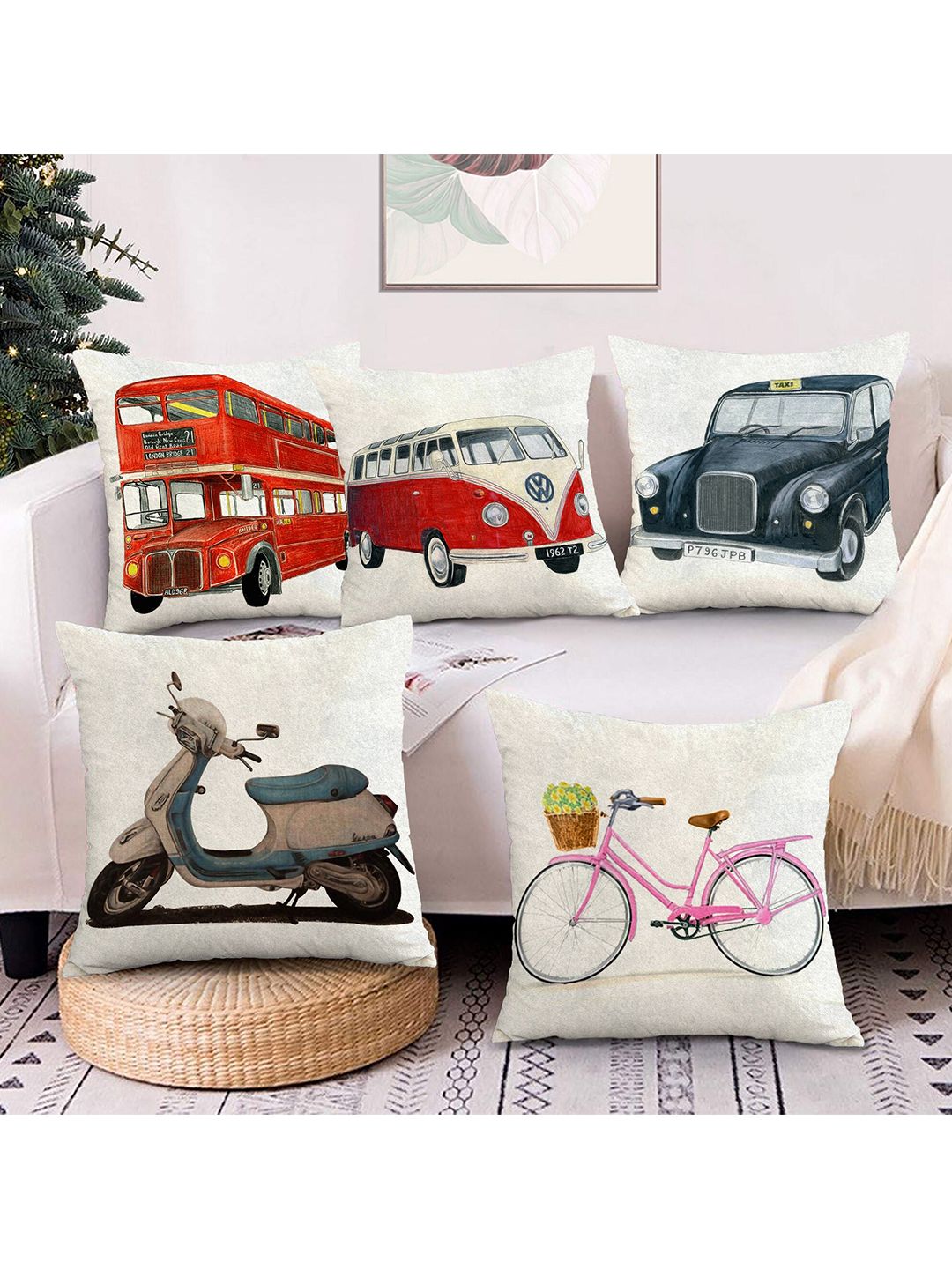 AEROHAVEN White & Red Set of 5 Quirky Velvet Square Cushion Covers Price in India