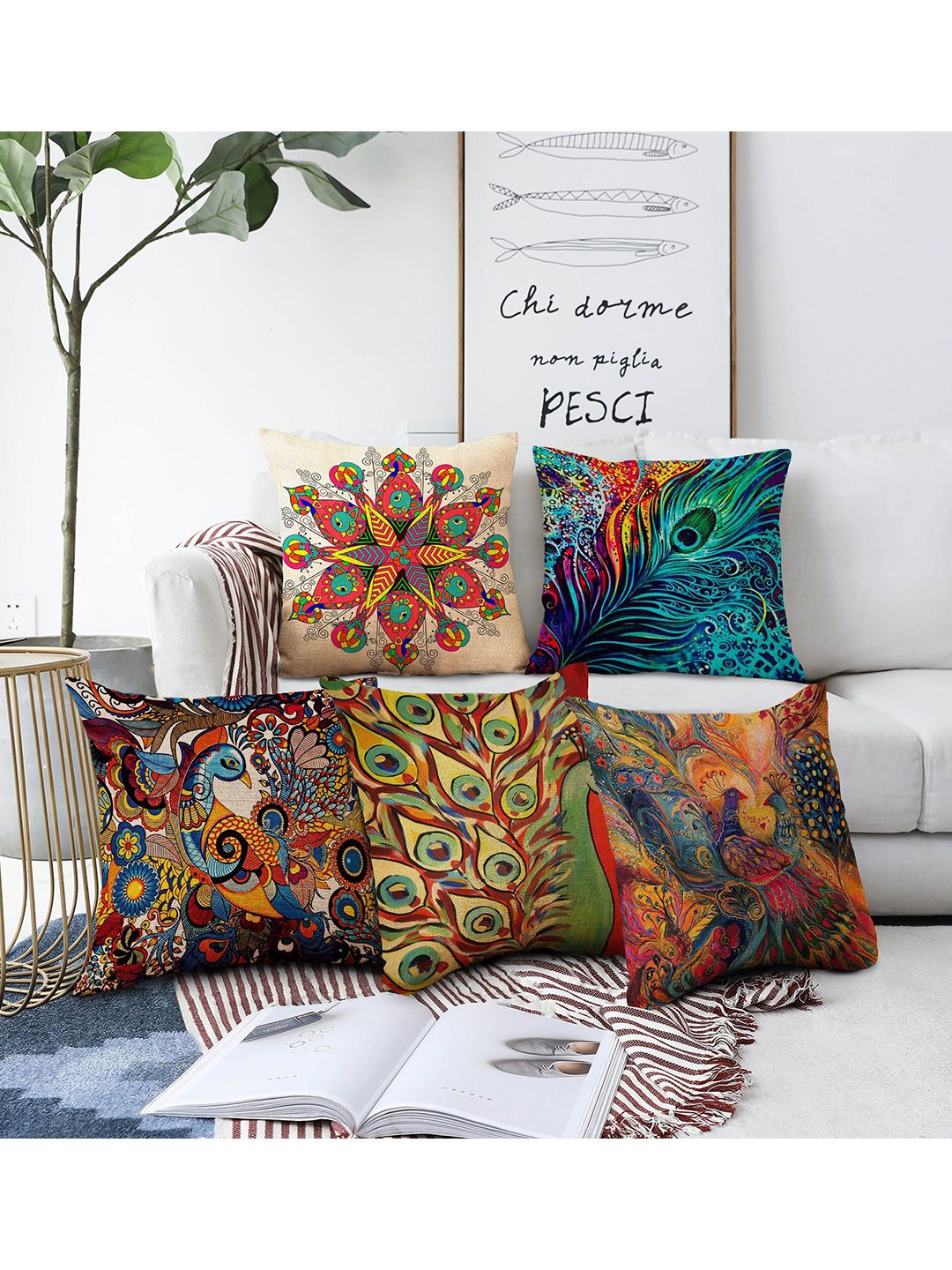 AEROHAVEN Multicoloured Set of 5 Digital Printed Ethnic Motifs Square Cushion Covers Price in India