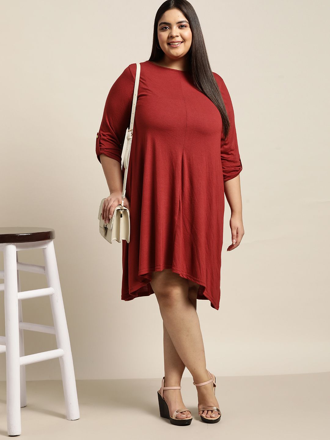 Sztori Women Plus Size Maroon Solid Dress with Swing Body A-Line Dress Price in India