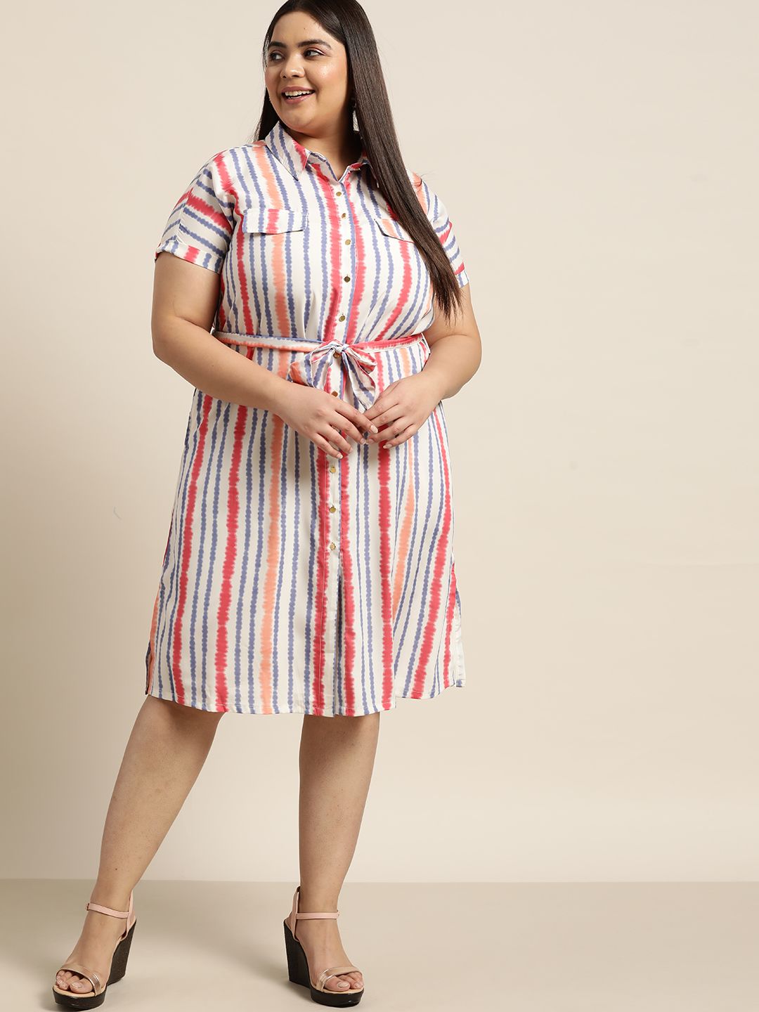Sztori Women Plus Size Off White & Red Striped Shirt Dress with Belt Price in India