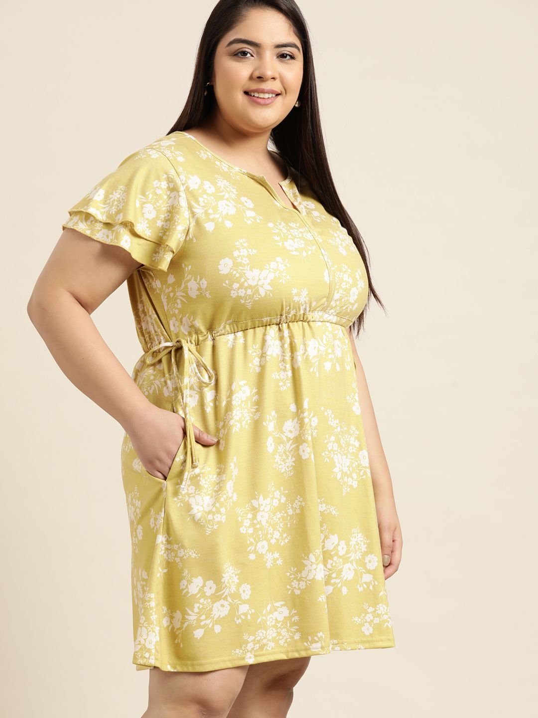 Sztori Women Plus Size Lime Green & Off White Floral A-Line Dress Price in India