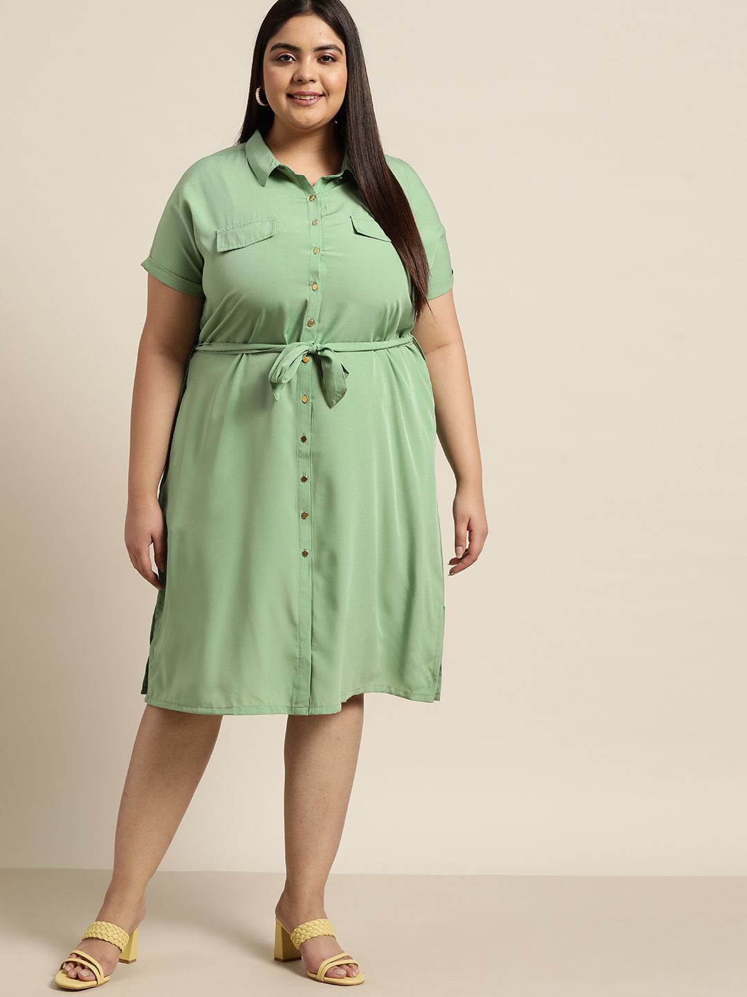 Sztori Women Plus Size Green Solid Shirt Dress with Belt Price in India