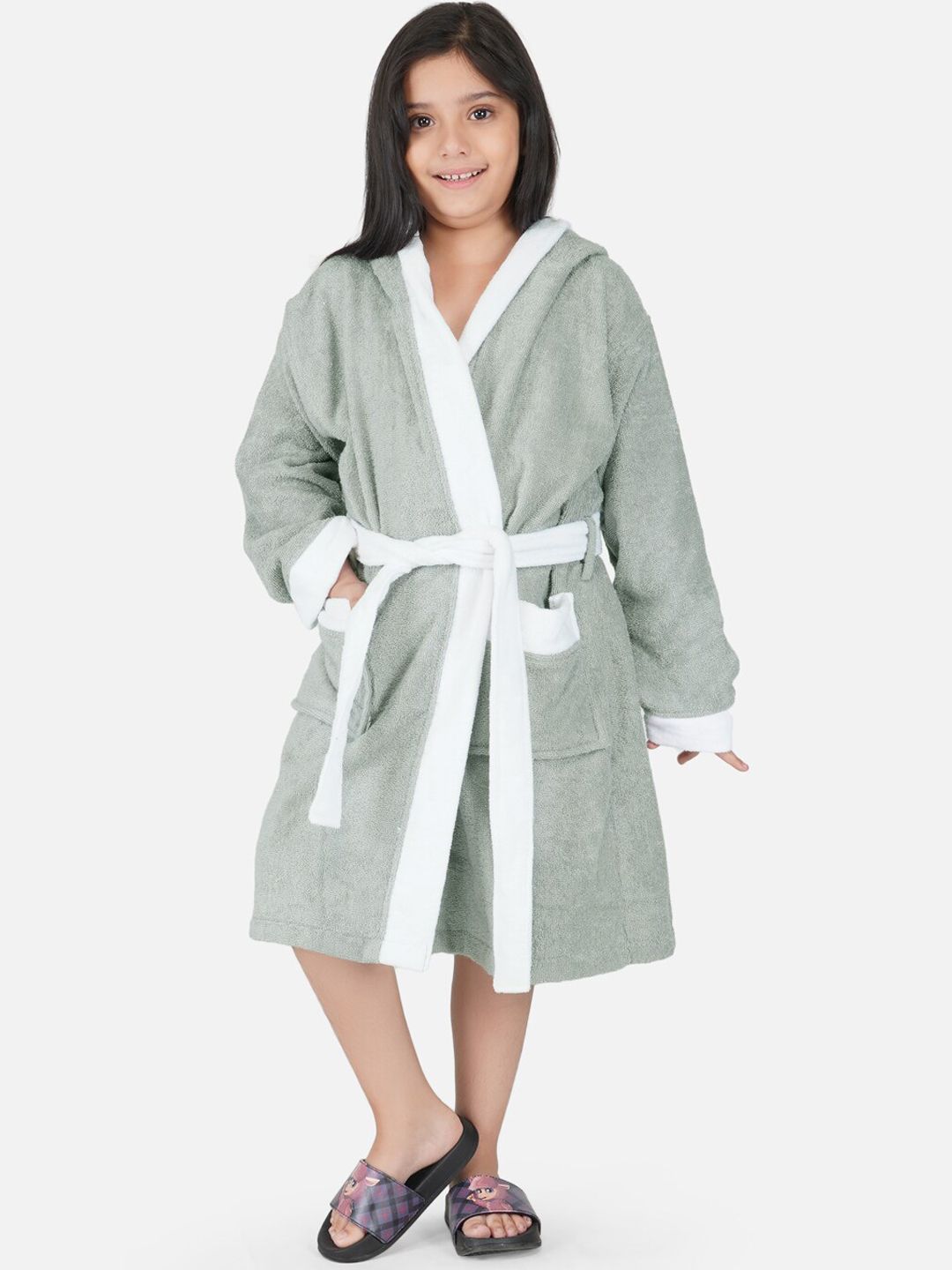 RANGOLI Kids Grey Solid Pure Cotton Hooded Bath Robe