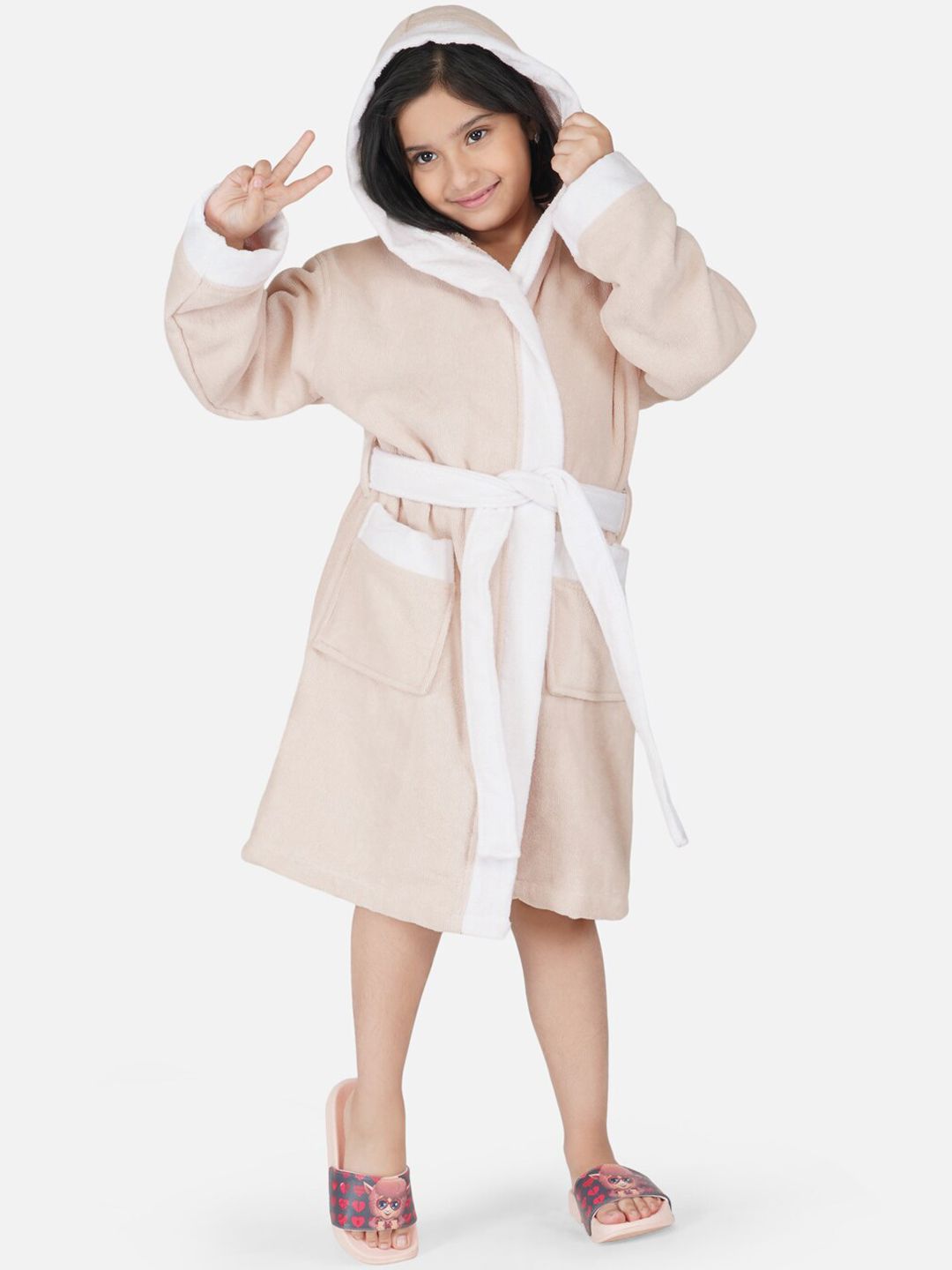 RANGOLI Kids Beige Solid Pure Cotton Hooded Bath Robe
