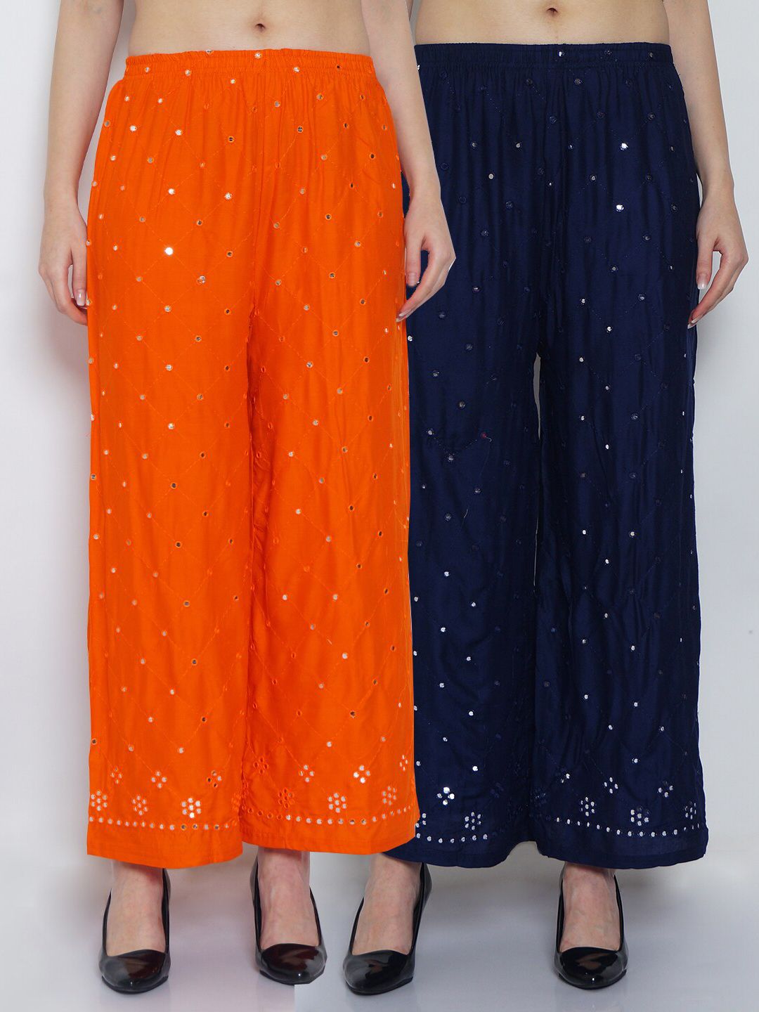 GRACIT Women Orange & Navy Blue Set of 2 Embroidered Ethnic Palazzos Price in India