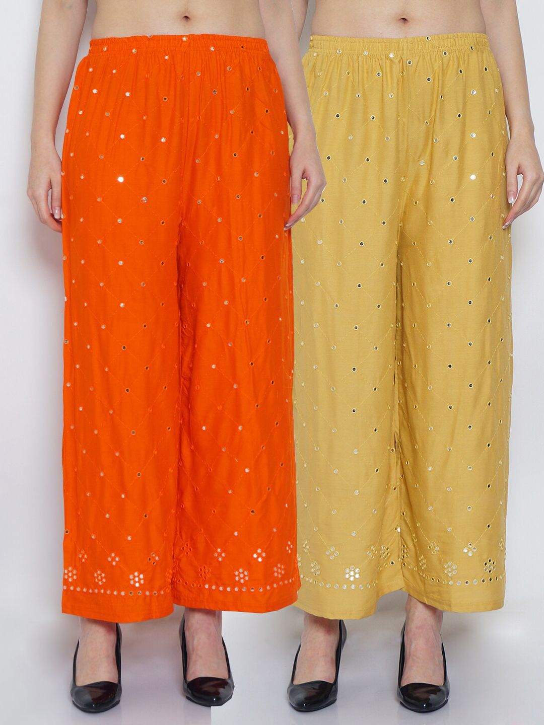 GRACIT Women Orange & Gold-Toned Set Of 2 Embroidered Flared Palazzos Price in India