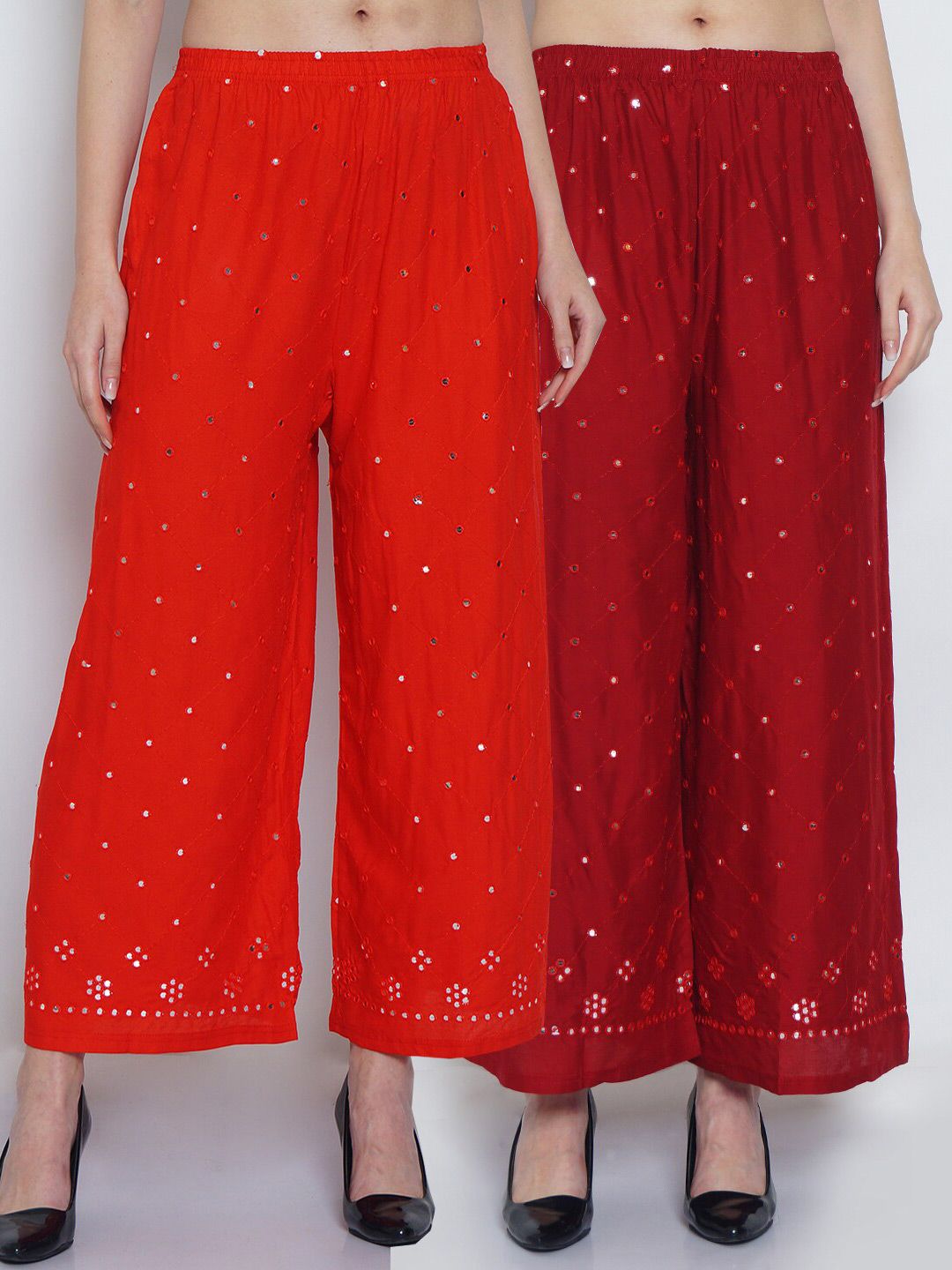 GRACIT Women Red & Orange Set Of 2 Embroidered Flared Palazzos Price in India