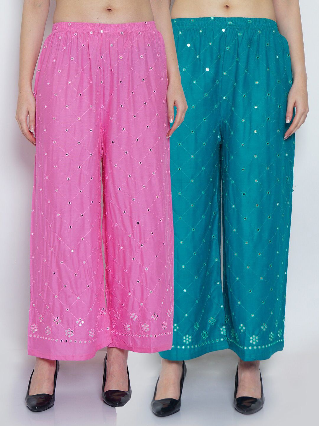 GRACIT Women Pink & Turquoise Blue Mirror Work Embroidered Ethnic Palazzos Set Of 2 Price in India